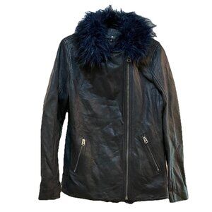 7 For All Mankind Black Leather Moto Jacket with Blue Faux Fur Collar Sz M